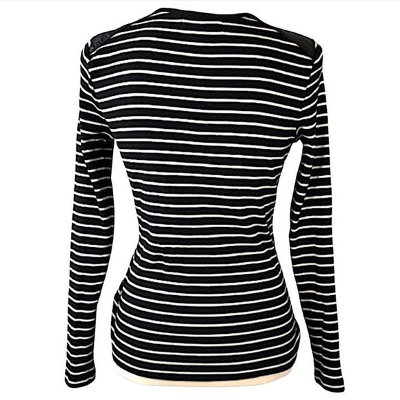Lauren Ralph Lauren Size M Black and White Striped Cotton Knit Top Zip Shoulder - Picture 3 of 8